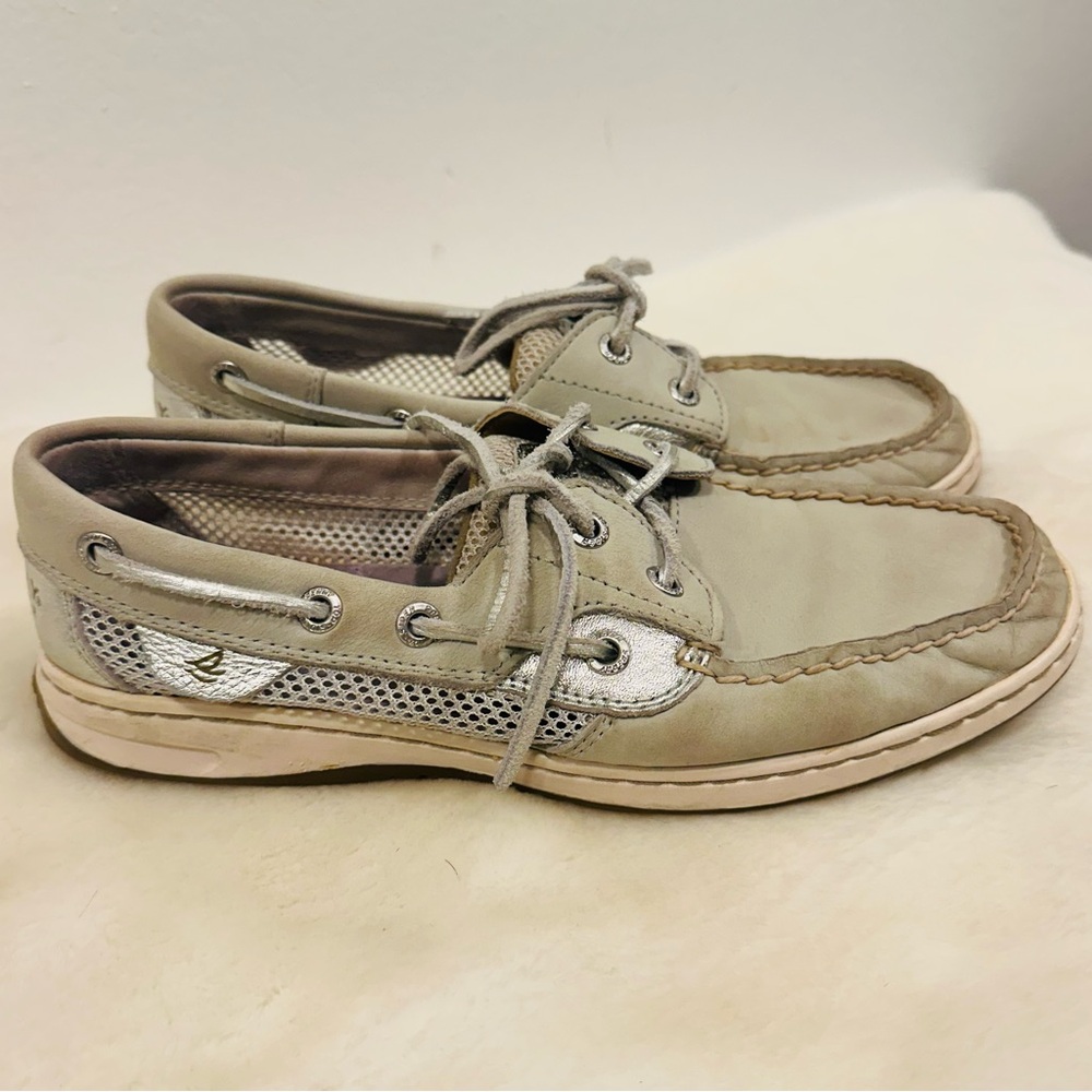 Sperry Kids Light Beige Boat Shoes with Silver Accent